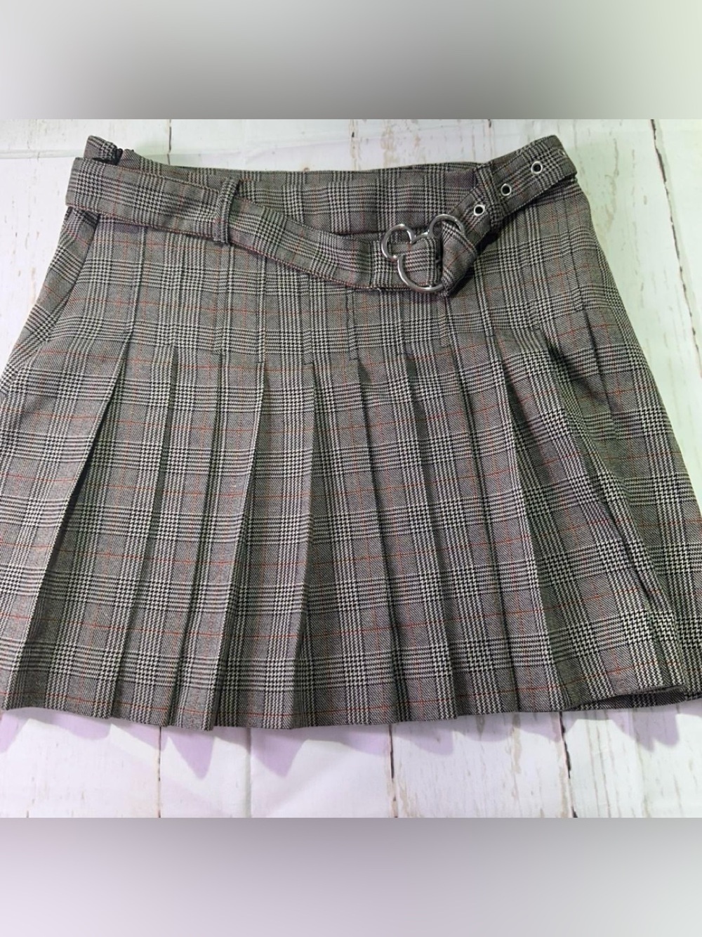 Disney Gray Plaid Pleated Mini Skirt with Heart Buckle Belt